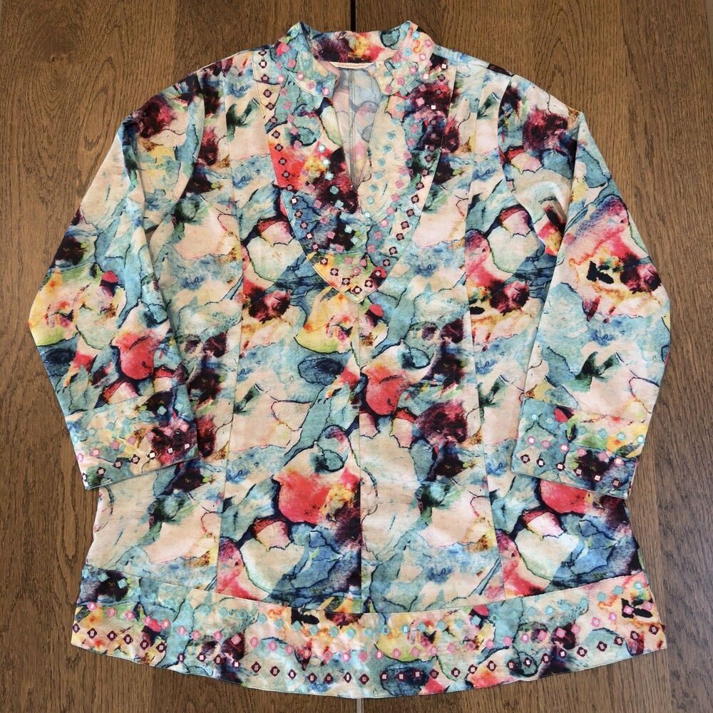 Soft Surroundings Watercolor Embroidered Mirror Painterly Tunic Top Womens XL